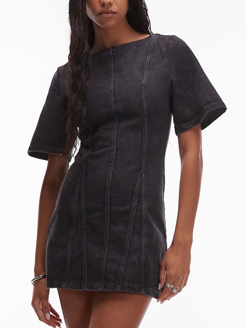 LAAGAM New Rosette Grey Black Denim Short Sleeve Mini Dress Women’s size 6 M NWT
